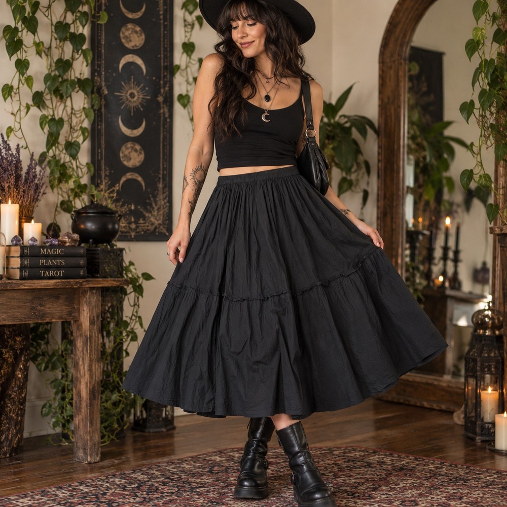 Erika Tiered Crinkle Cotton Midi Skirt Sz L Petite Black Boho Whimsigoth Witchy